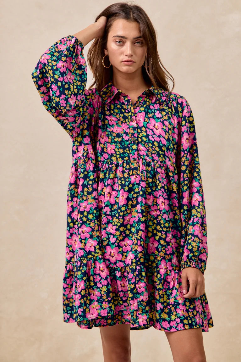BiBi FLORAL PRINT SHIRRING BUTTONED TIERED SHIRT DRESS