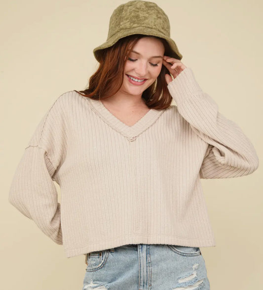 Cream V Neck Knit Top