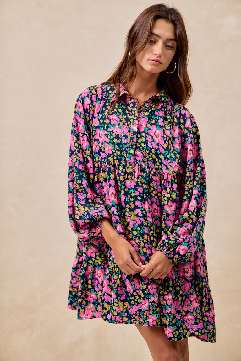 BiBi FLORAL PRINT SHIRRING BUTTONED TIERED SHIRT DRESS