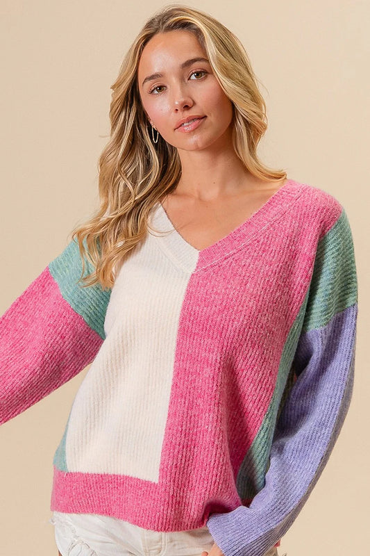 BiBi COZY TEXTURE V-NECK COLOR BLOCK SWEATER