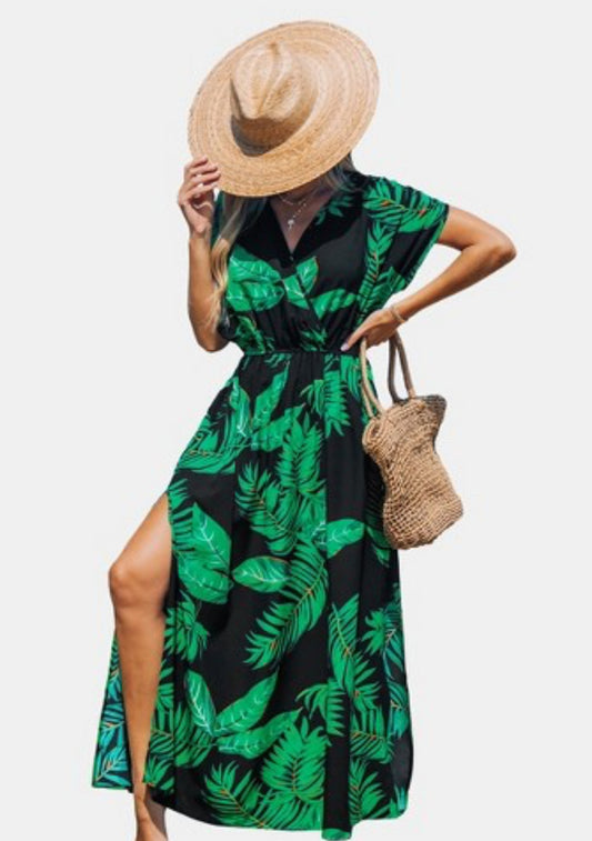 New Cupshe Women's Tropical Leaf Short Sleeve Split Maxi Dress Xlarge