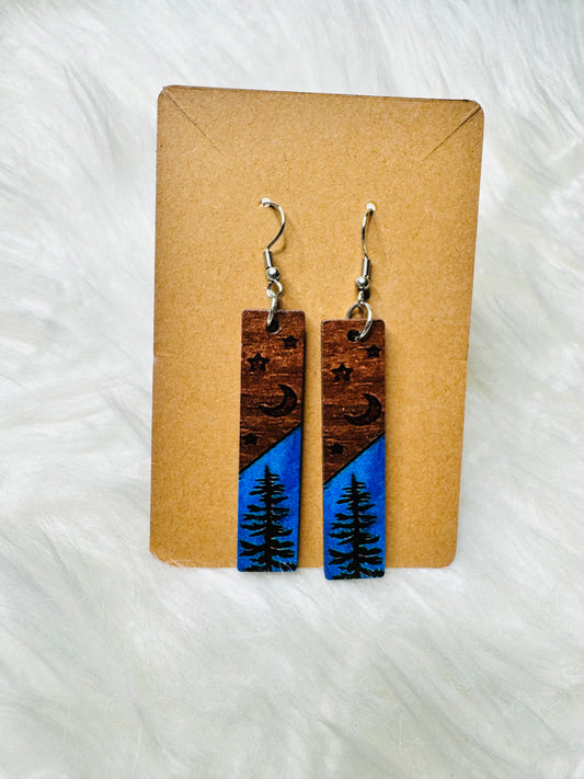 Blue tree wooden earrings