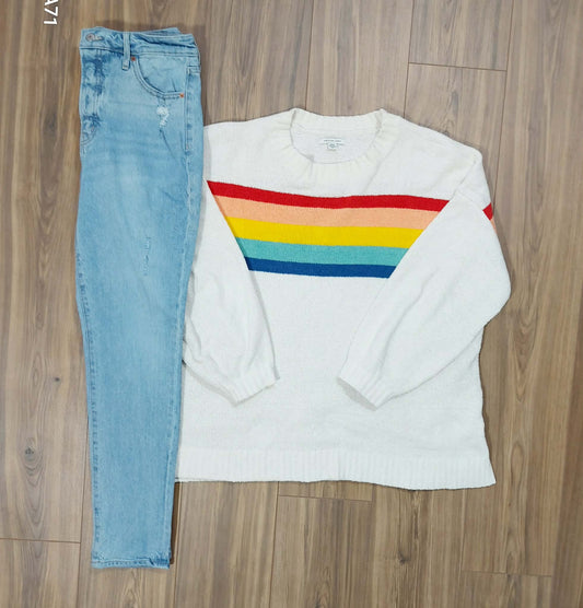 American Eagle oversized medium sweater & Old Navy, extra high-rise pop icon, skinny jeans, size 8