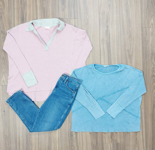 Purple Hailey Co oversized small top, blue Easle small & j.Crew high-rise vintage size 27 inch jeans (4)