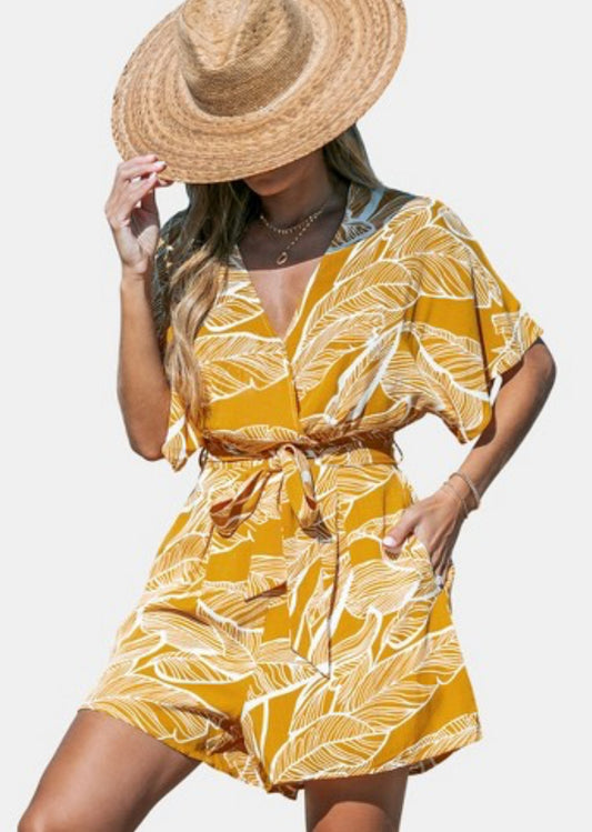 New Cupshe Women's Yellow Palm Leaf Tie Waist Romper Xlarge