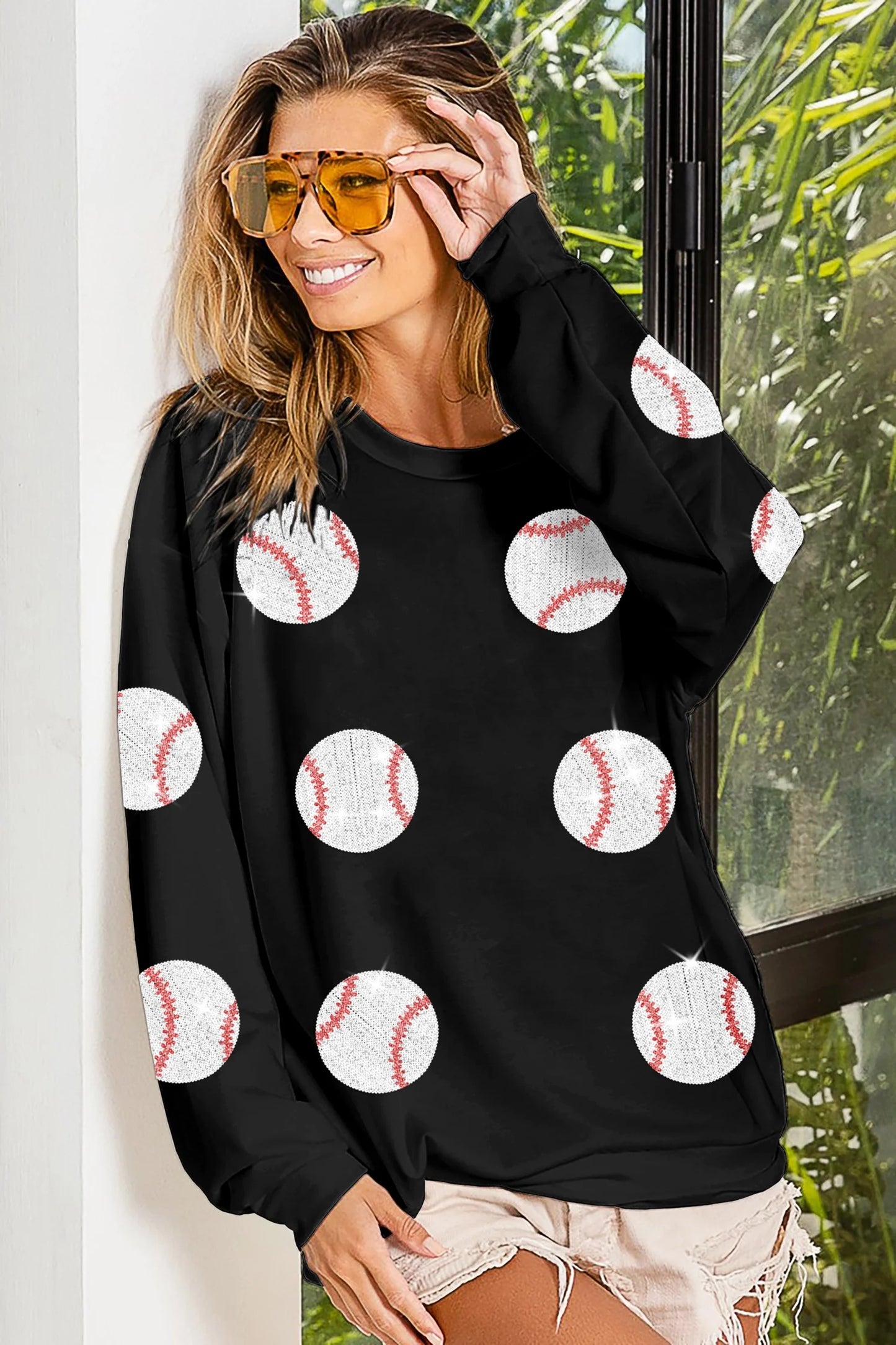 BiBi SEQUIN BASEBALL PATCHES FRENCH TERRY PULLOVER