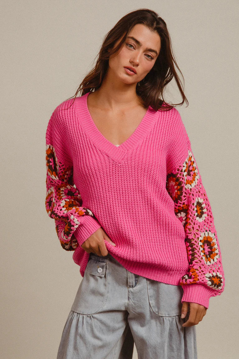 BiBi GRANNY SQUARE SLEEVES V-NECK SWEATER